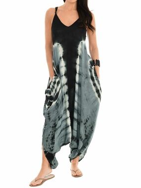 Shoreline V-Neck Tie Dye Harem Jumpsuit in Black and Gray, Vintage.